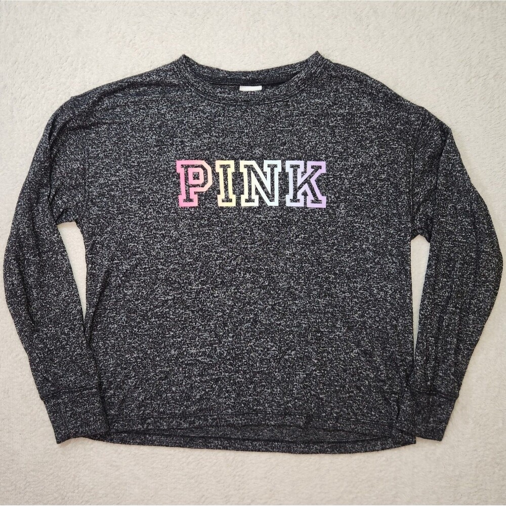 PINK Victoria's Secret Women's XS Pajama Top Heathered Gray Black Logo Sleepwear